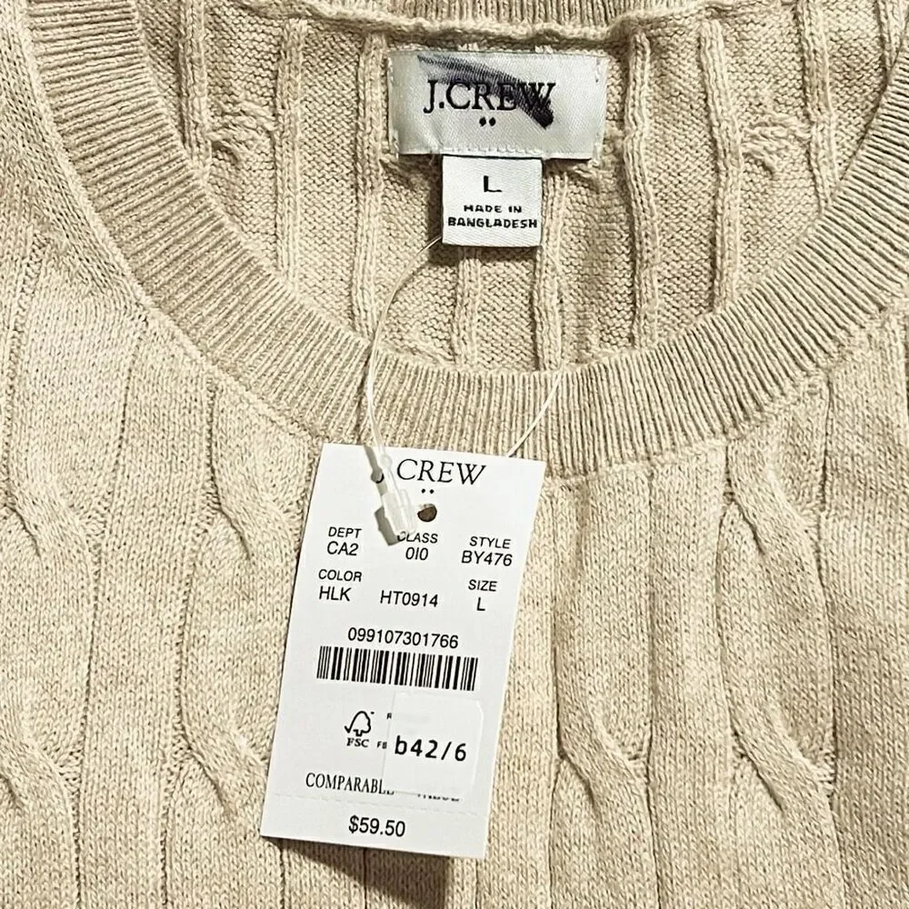 J. Crew Light Khaki Cable sweater shell 100% Cotton Size L NWT